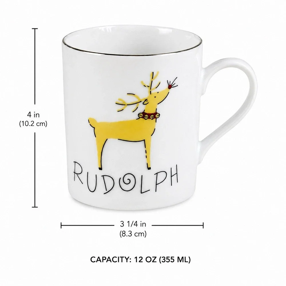 Pottery Barn Rudolph‎ Reindeer Christmas Mug White Silver Rim Japan 4